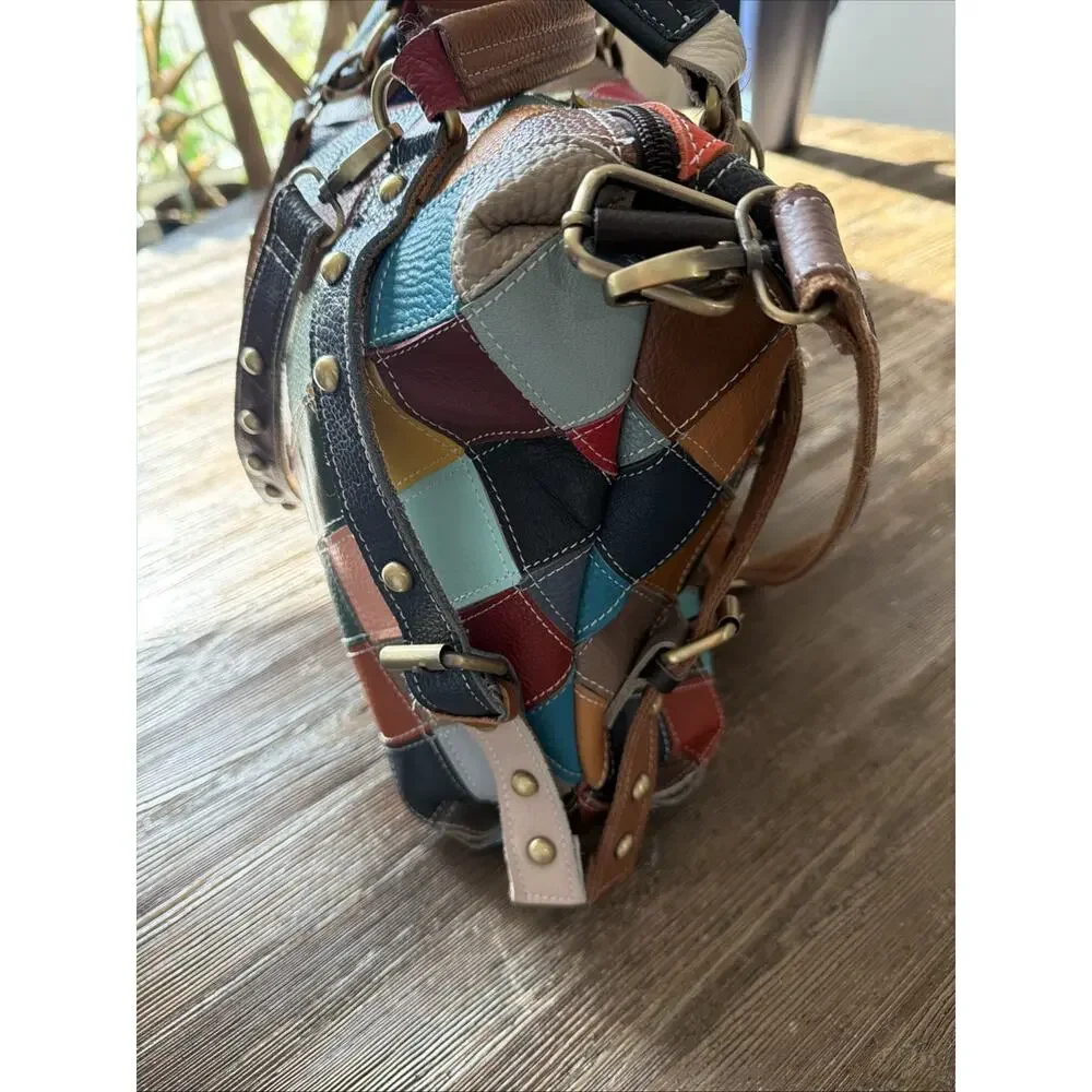 Genuine Leather Color Purse bohemian Handbag duffle studded patchwork quilt tote - Picture 8 of 9